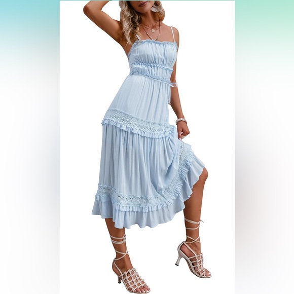 Women’s Blue Summer Boho Spaghetti Strap Casual Long Flowy Dress. - Picture 4 of 8